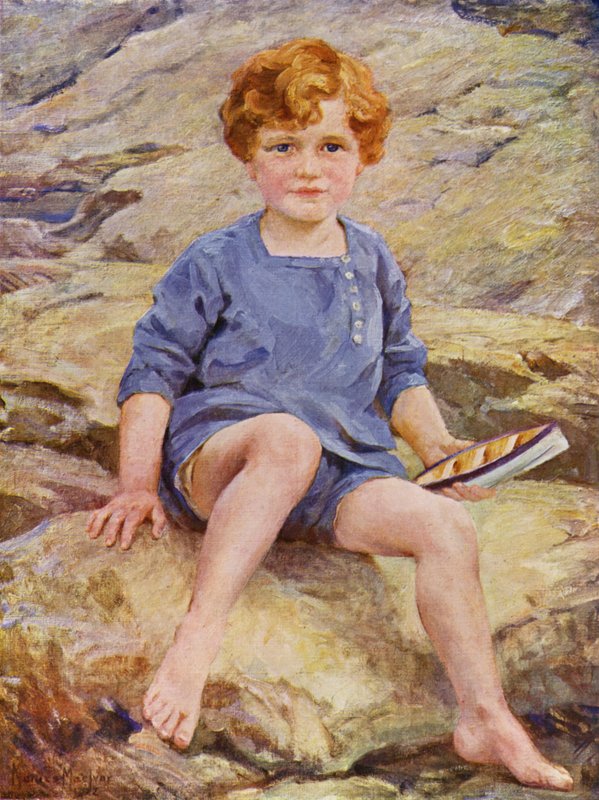 Pojke som leker i klippbassänger med en leksaksbåt (färg litho) av English School