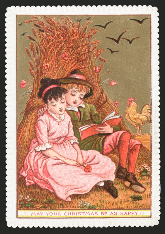 Pojke läser bok till Girl in field, julkort av English School