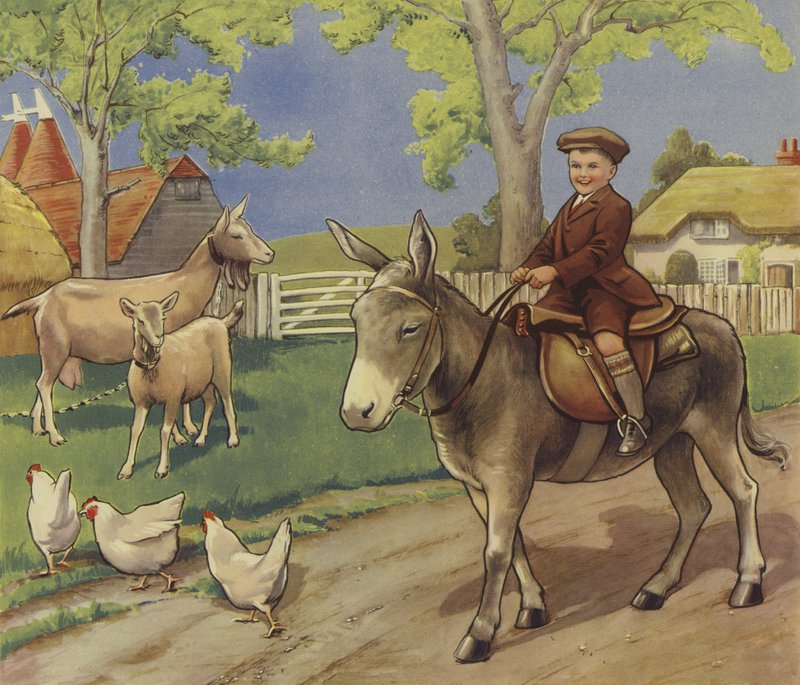 Pojke som rider på en åsna på den engelska landsbygden (färg litho) av English School
