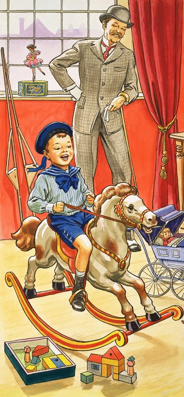 Pojke som rider en gunghäst av English School