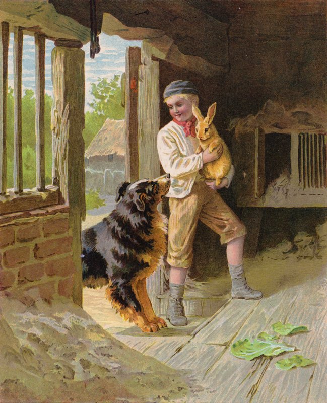 Pojke med en hund och en kanin på en gård (chromolitho) av English School
