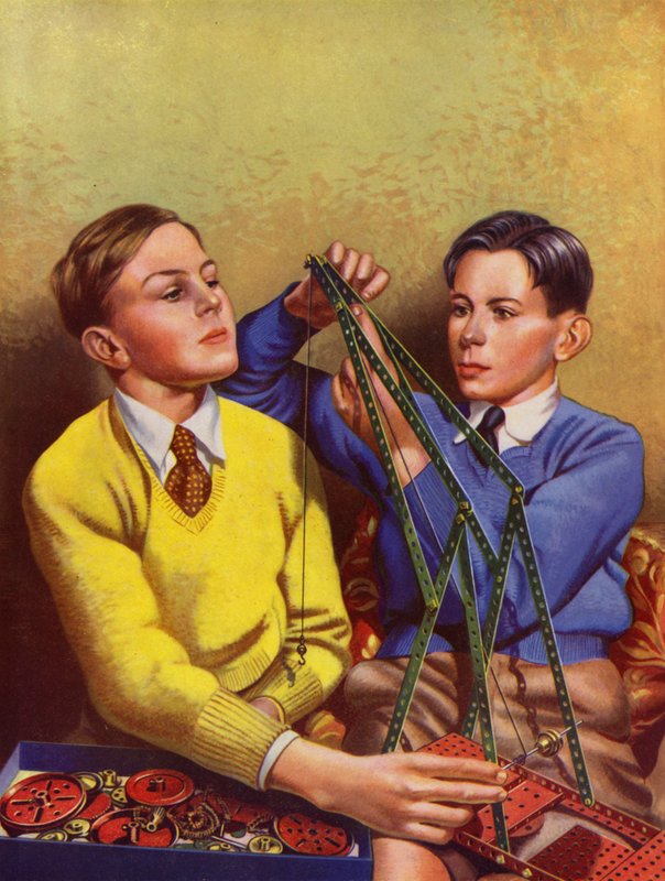 Pojkar som bygger med en leksaksbyggsats (färg litho) av English School