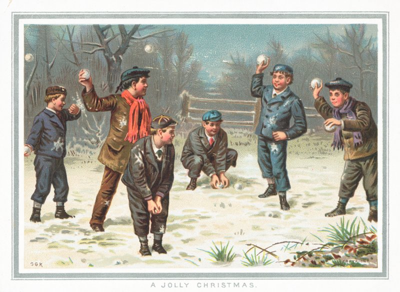Pojkar som har en snöbollskamp, julkort av English School