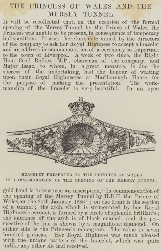 Armband överlämnat till prinsessan av Wales till minne av öppningen av Mersey-tunneln (gravyr) av English School