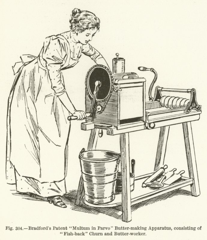Bradfords Patent Multum i Parvo Smörtillverkningsapparat, bestående av Fish-back Churn och Butter-worker av English School