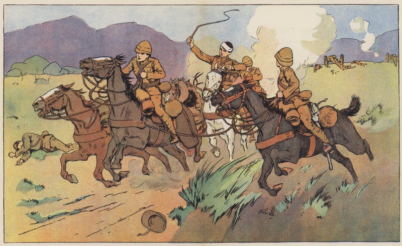 Modiga soldater som räddar sina vapen från fienden (färg litho) av English School