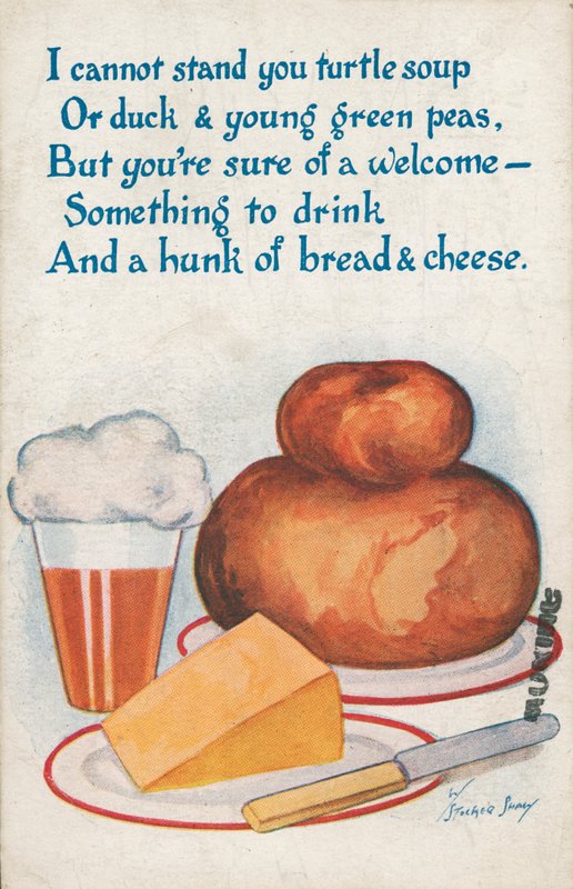 Bröd, ost och öl (färg litho) av English School