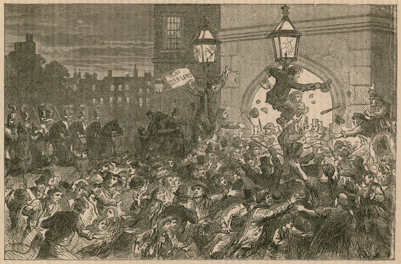 Brödupplopp vid ingången till underhuset, 1815 av English School