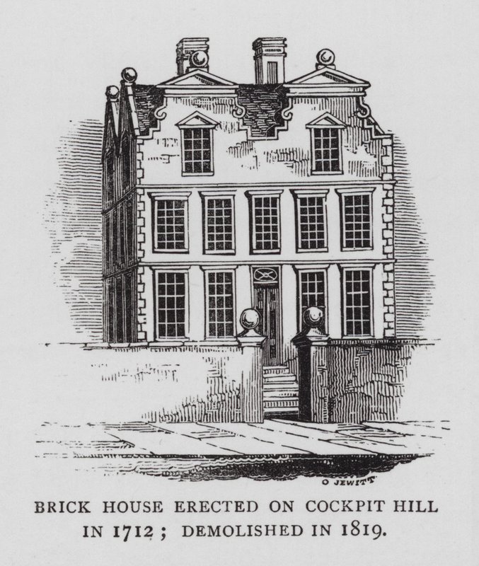 Brick House uppfört på Cockpit Hill 1712; revs 1819 (gravyr) av English School