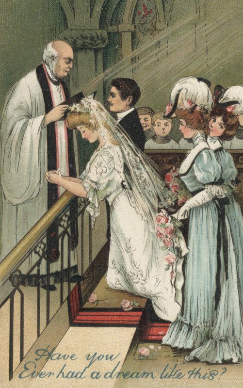 Brudtärnor på ett bröllop (färg litho) av English School