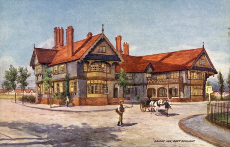 Bridge Inn, Port Sunlight (färg litho) av English School