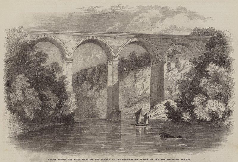 Bro över floden Wear på Durham and Bishop-Auckland Branch of the North-Eastern Railway (gravyr) av English School