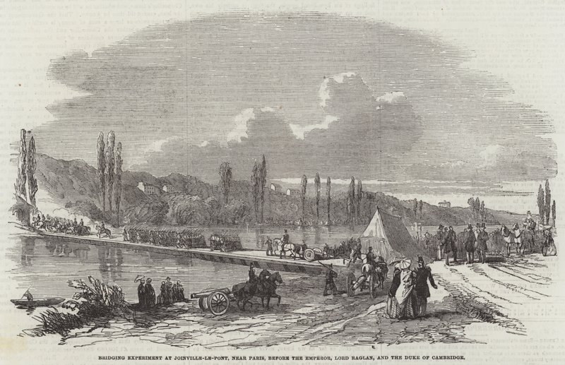 Överbryggande experiment i Joinville-le-Pont, nära Paris, före kejsaren, Lord Raglan och hertigen av Cambridge (gravyr) av English School