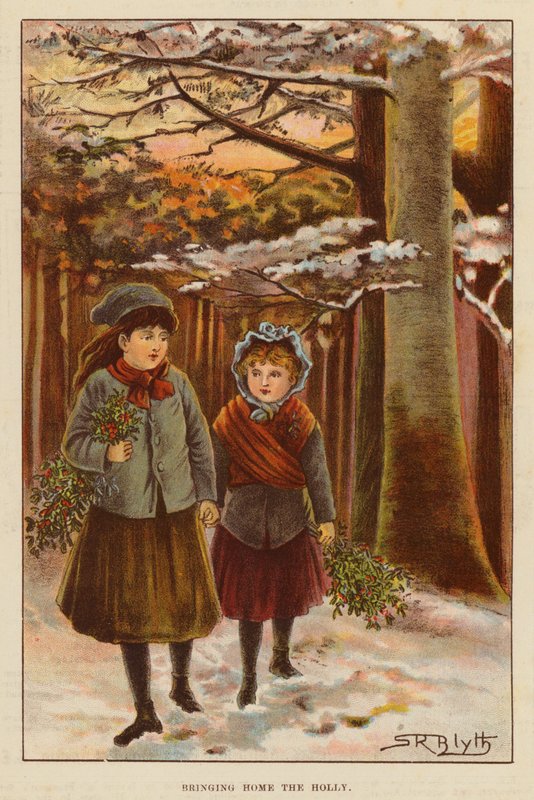 Bringing Home the Holly (färg litho) av English School