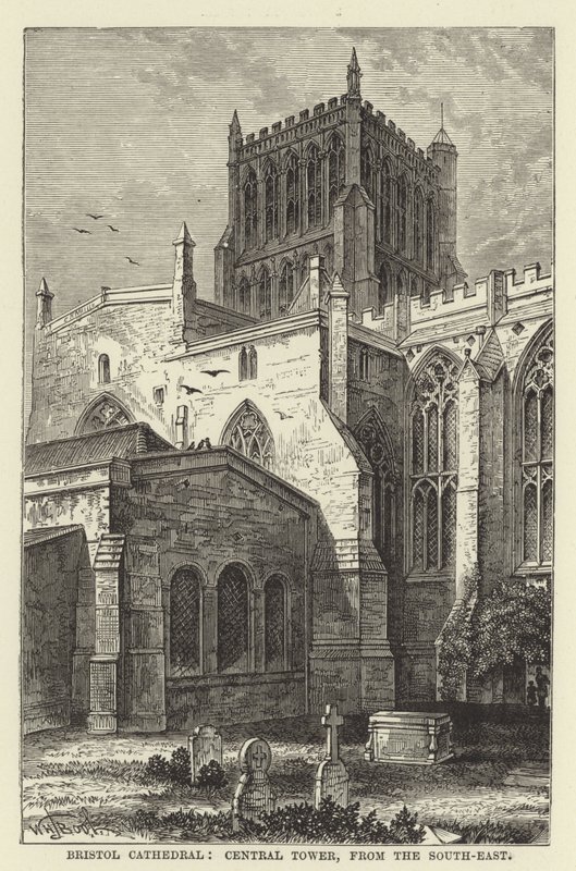 Bristol Cathedral, centrala tornet, från sydost av English School