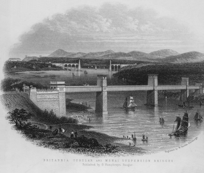 Britannia Tubular och Menai hängbroar (gravyr) av English School