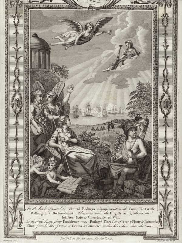 Brittiska amiralen George Rodneys seger över den franska flottan under befälet av Comte de Grasse vid slaget vid Saintes, amerikanska frihetskriget, 1782 av English School