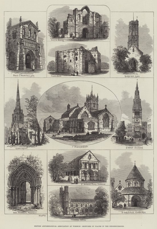 British Archaeological Association i Wisbech, skisser över platser i grannskapet (gravyr) av English School