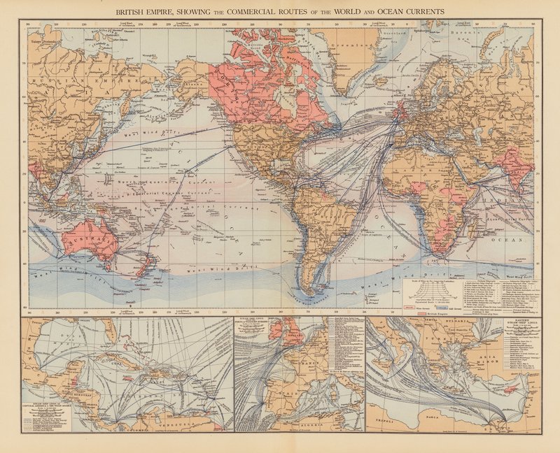 Brittiska imperiet, som visar världens handelsvägar och havsströmmar (färglitografi) av English School