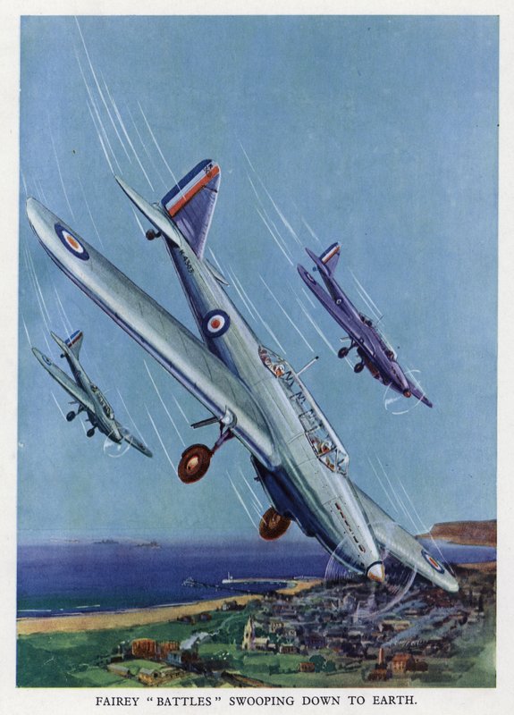 Brittiska Fairey Battle lätta bombplan dyker mot marken (färg litho) av English School
