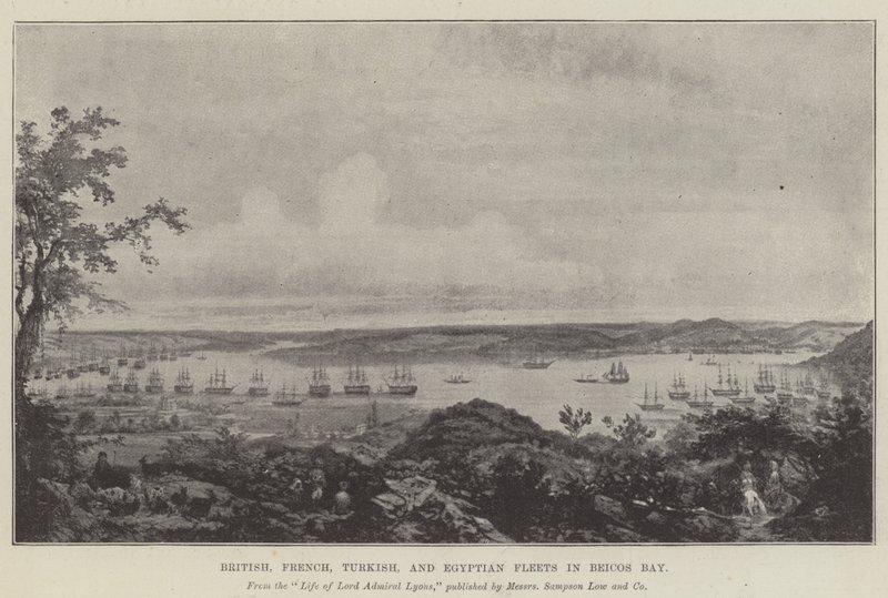 Brittiska, franska, turkiska och egyptiska flottor i Beicos Bay (litho) av English School