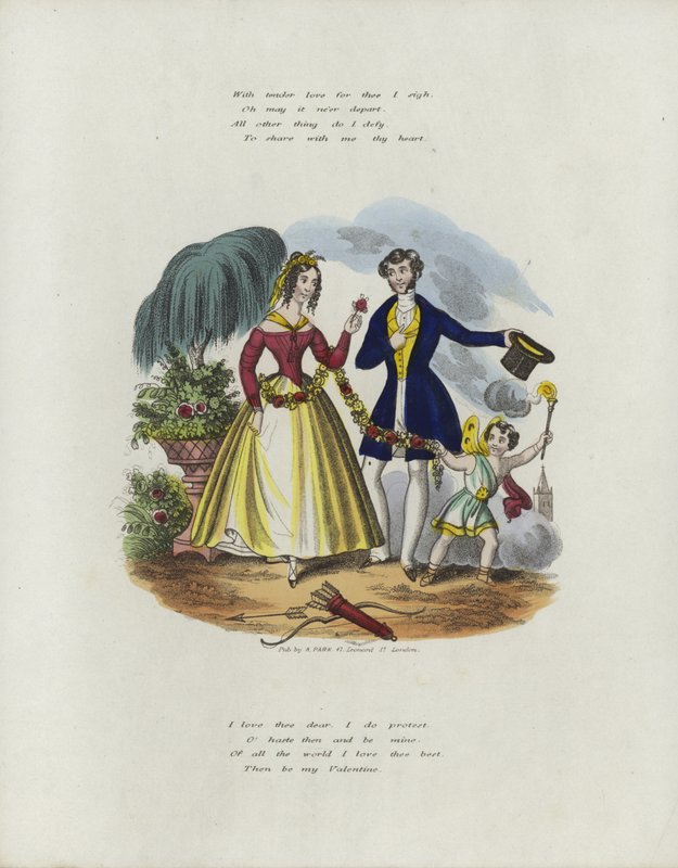 Brittiskt valentinkort med en bild av en kerub som drar en kvinna tillsammans med ett snöre av blommor av English School
