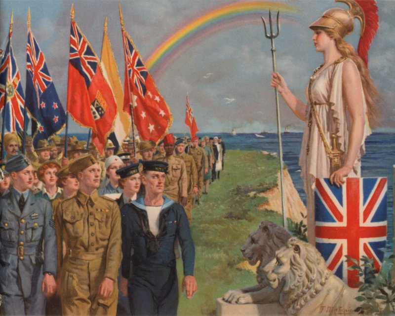 Brittisk och empirisk militär personal och civila involverade i krigsinsatsen som paraderar inför Britannia (färg litho) av English School