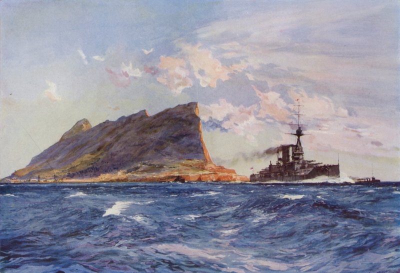 Brittiskt slagskepp utanför Gibraltar (färg litho) av English School