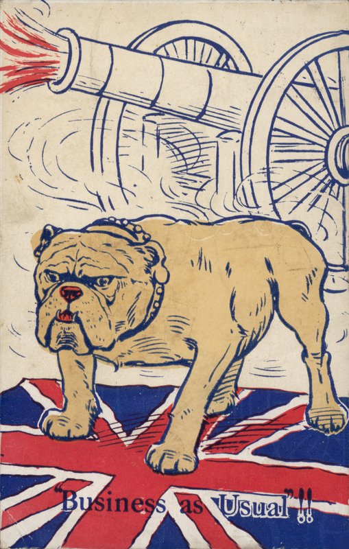Brittisk bulldogg som står på unionsflaggan och med en kanon som avfyras (färglitografi) av English School