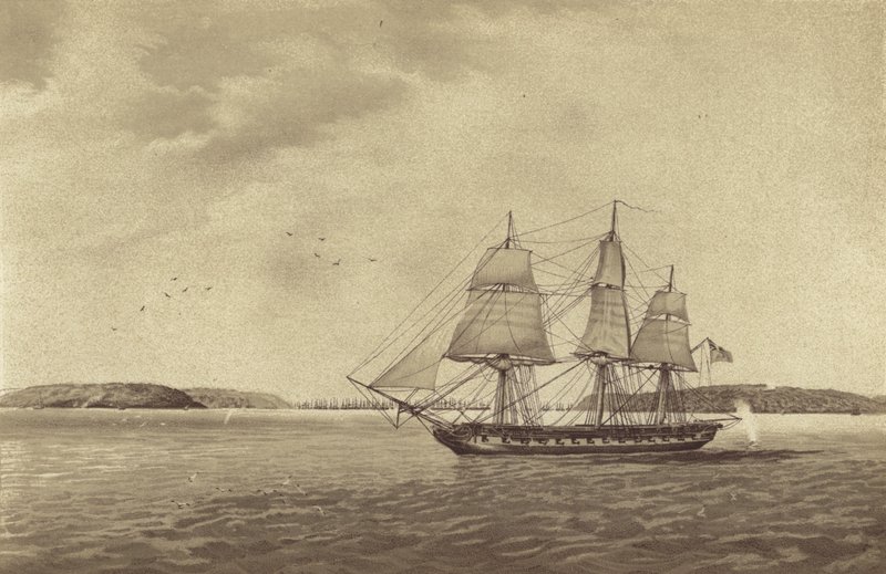 Brittiska fregatten HMS Fisgard, under befäl av kapten Thmas Byam Martin, på rekognosering utanför Brest, Frankrike (litografi) av English School