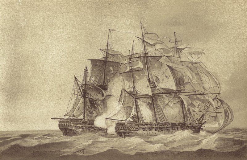 Den brittiska fregatten HMS Santa Margarita, under befäl av kapten Thomas Byam Martin, erövrar den franska fregatten Tamise, juni 1796 (litho) av English School