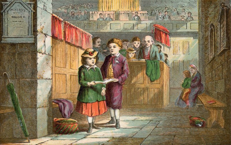 Bror och syster sjunger psalmer i kyrkan av English School
