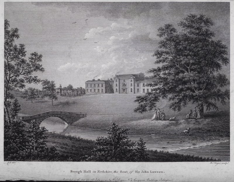 Brough Hall i Yorkshire, sätet för Sir John Lawson (gravering) av English School