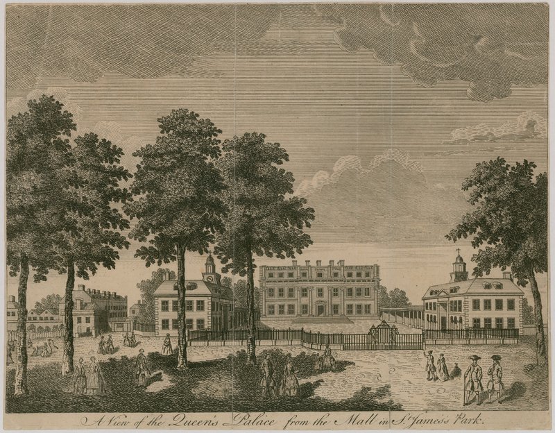 Buckingham House, utsikt över Queens Palace från köpcentret i St James