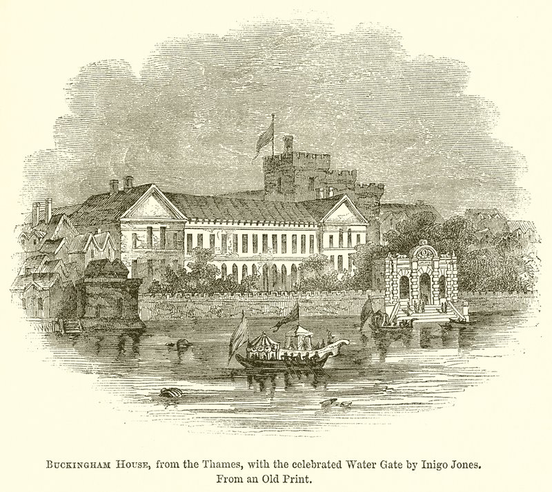 Buckingham House, från Themsen, med den berömda vattenporten av Inigo Jones av English School