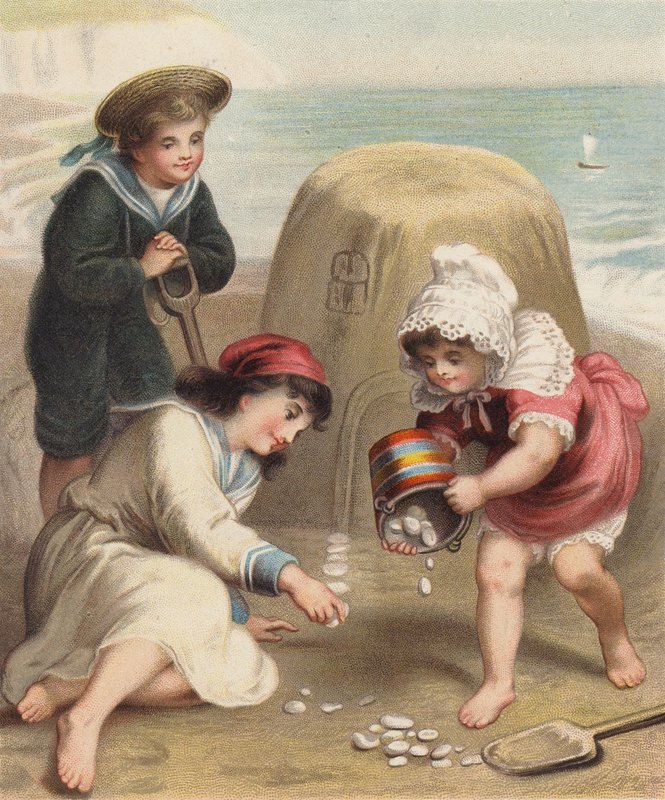 Bygga ett sandslott på stranden (chromolitho) av English School
