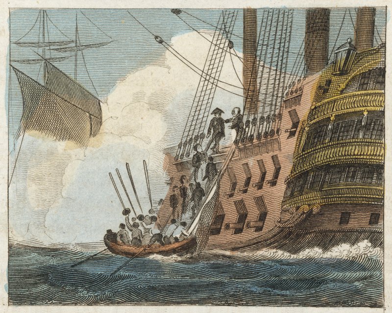 Buonaparte kapitulerar för engelsmännen (gravyr i färg) av English School