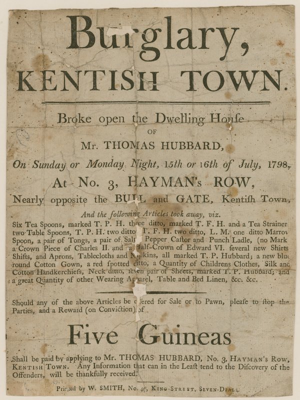 Inbrott i Kentish Town 1798. Belöning på £5 av English School
