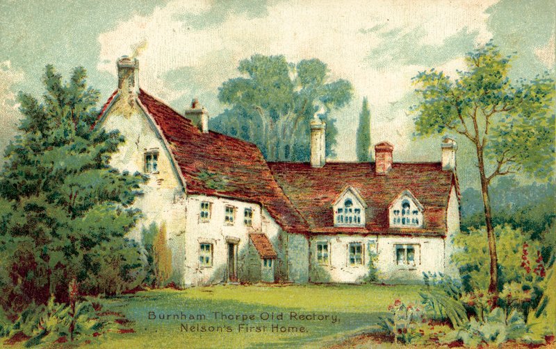 Burnham Thorpe, Old Rectory, Nelsons första hem (färg litho) av English School