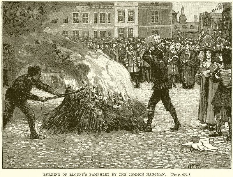Burning of Blounts Broschyr av den vanlige bödeln av English School