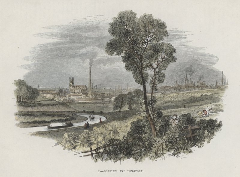 Burslem och Longport, Staffordshire (färgad gravyr) av English School