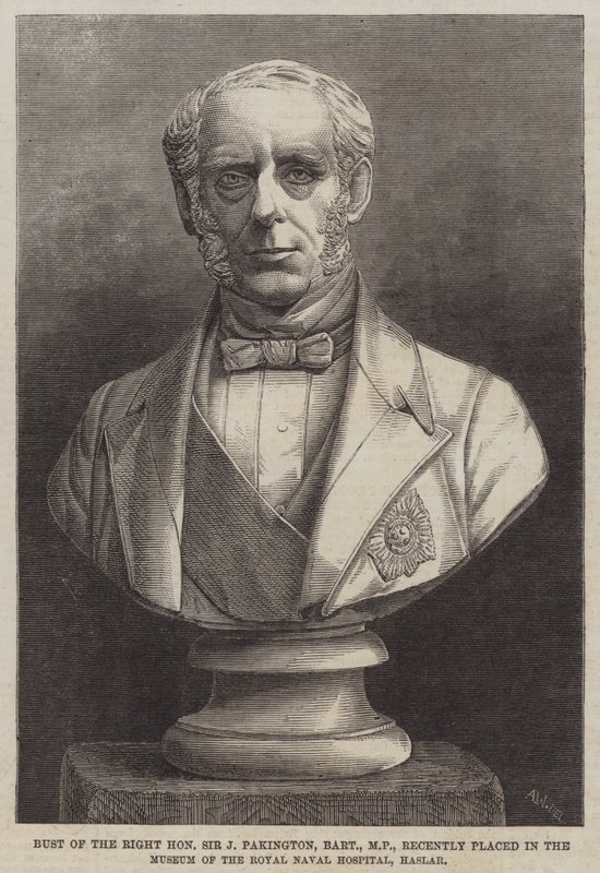 Rättens byst ärade Sir J Pakington, Baronet, MP, nyligen placerad i Museum of the Royal Naval Hospital, Haslar (gravyr) av English School