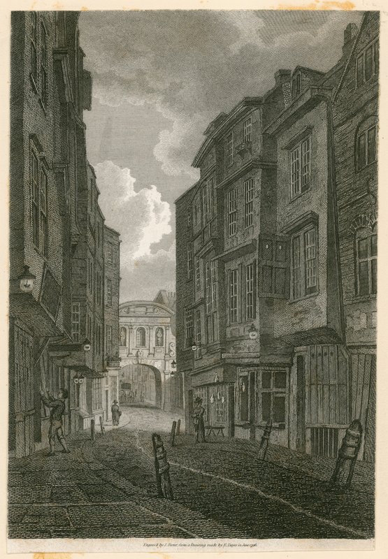 Butcher Row, tittar från Temple Bar, baserad på en teckning av Edward Dayes, 9 juni 1796 av English School