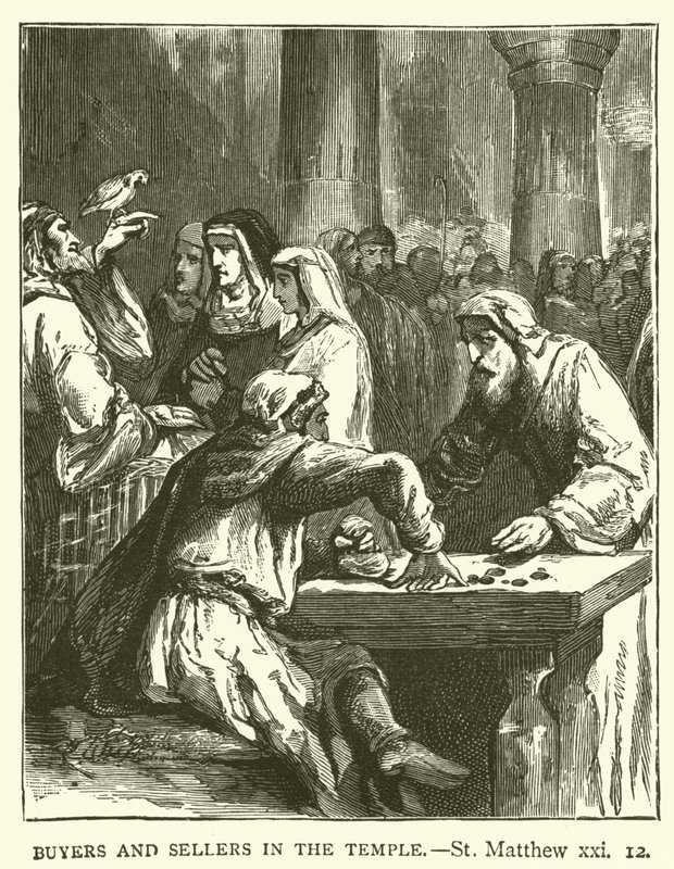 Köpare och säljare i templet, St Matthew, xxi av English School