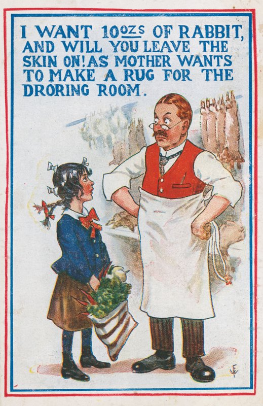 Köpa kanin hos slaktaren (färg litho) av English School