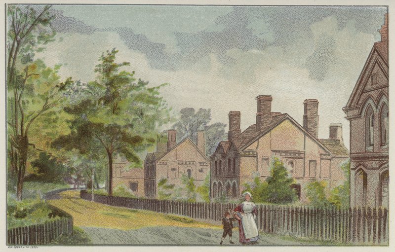 Cadburys arbetarstugor och landsväg, Bournville, Birmingham (chromolitho) av English School