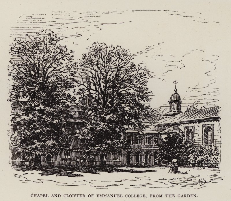 Cambridge: Chapel and Cloister of Emmanuel College, från trädgården (etsning) av English School
