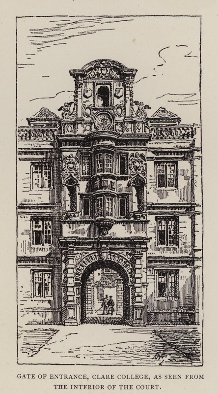 Cambridge: Gate of Entrance, Clare College, sett från domstolens insida (etsning) av English School
