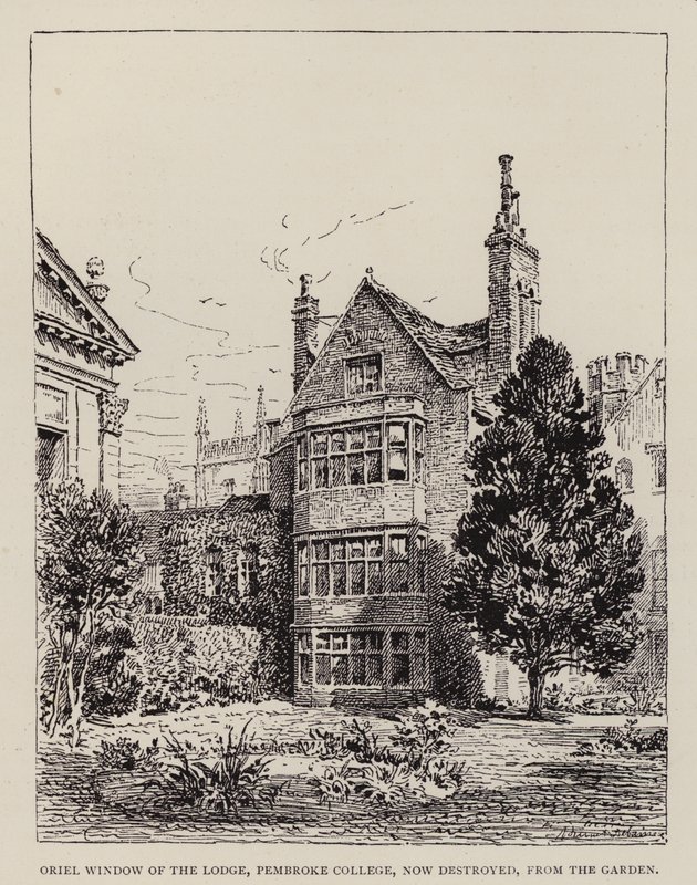 Cambridge: Oriel Window of the Lodge, Pembroke College, nu förstört, från trädgården (etsning) av English School