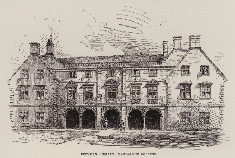 Cambridge: Pepysian Library, Magdalene College (etsning) av English School
